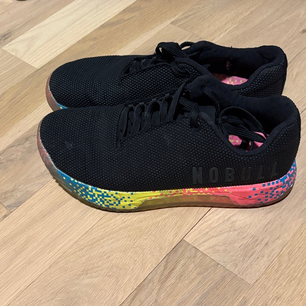 NOBULL Black Knit Trainers with Multicolor Pixel Midsole